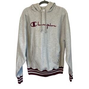 Champion REVERSE WEAVE YARN DYE RIB TRIM Hoodie VINTAGE LOGO Mens Medium